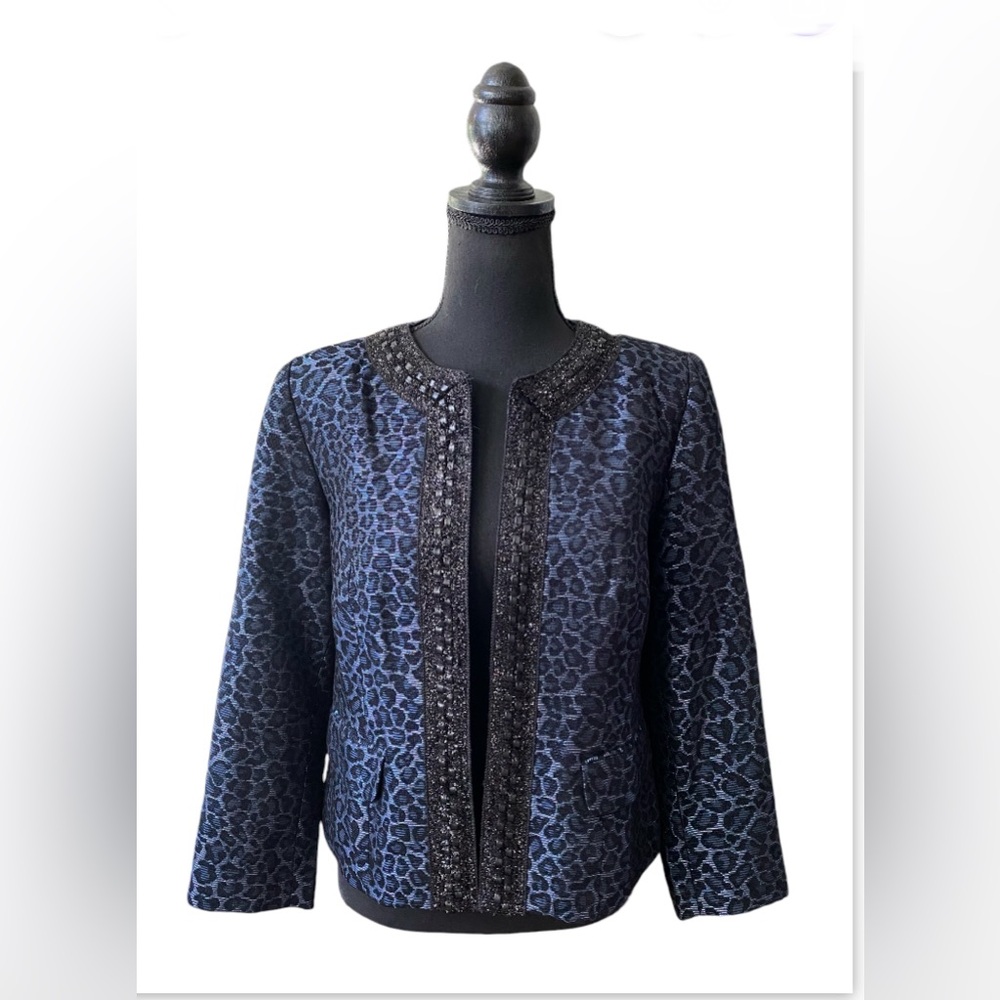 Chico’s: Black and Blue Animal Print Jacket